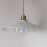 White opaline pendant light with transparent serrated edges, 1930/50