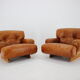 1970s design italian armchairs in wood and cognac leather
