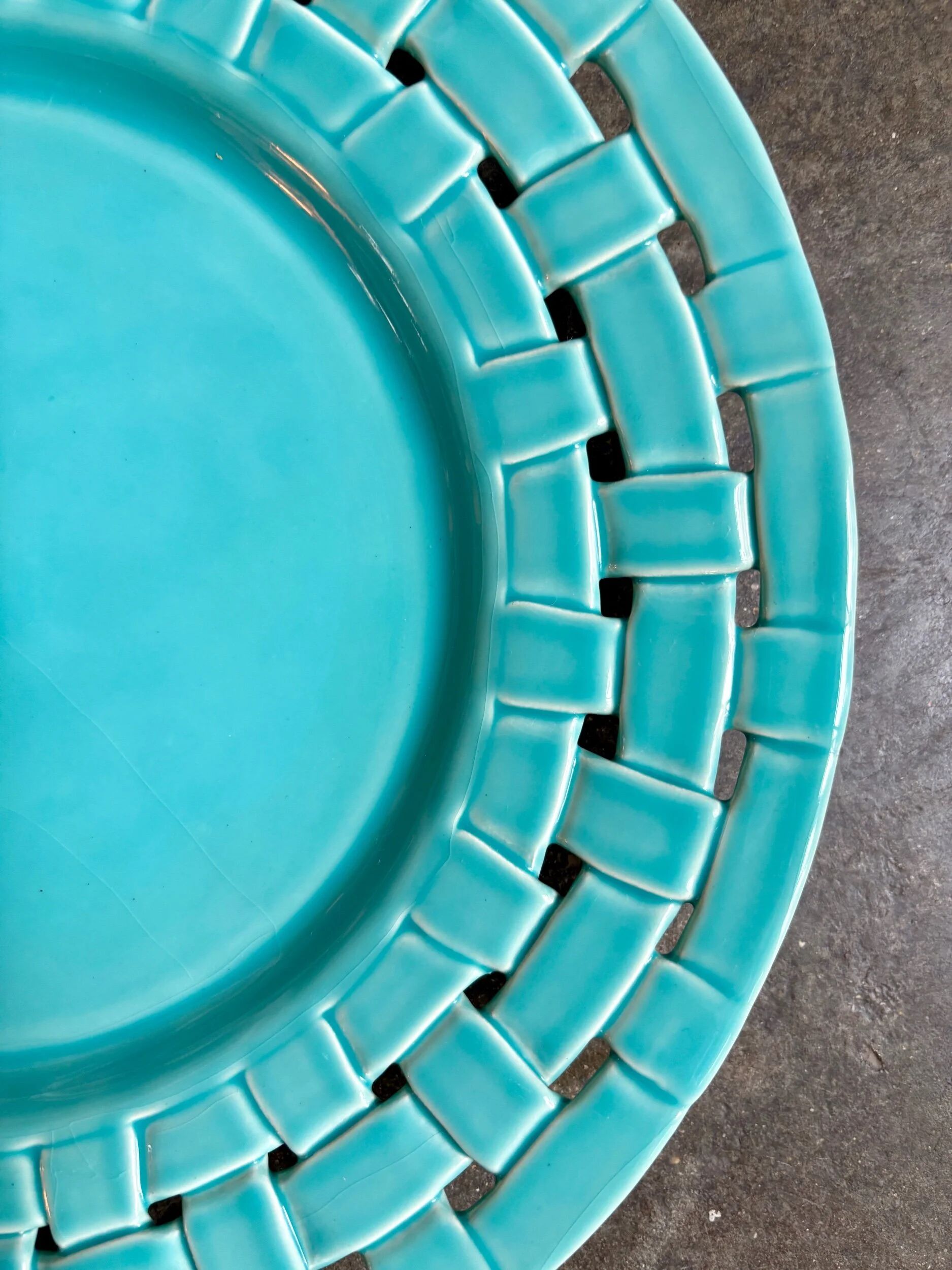 Serving plate, turquoise woven ceramic dish