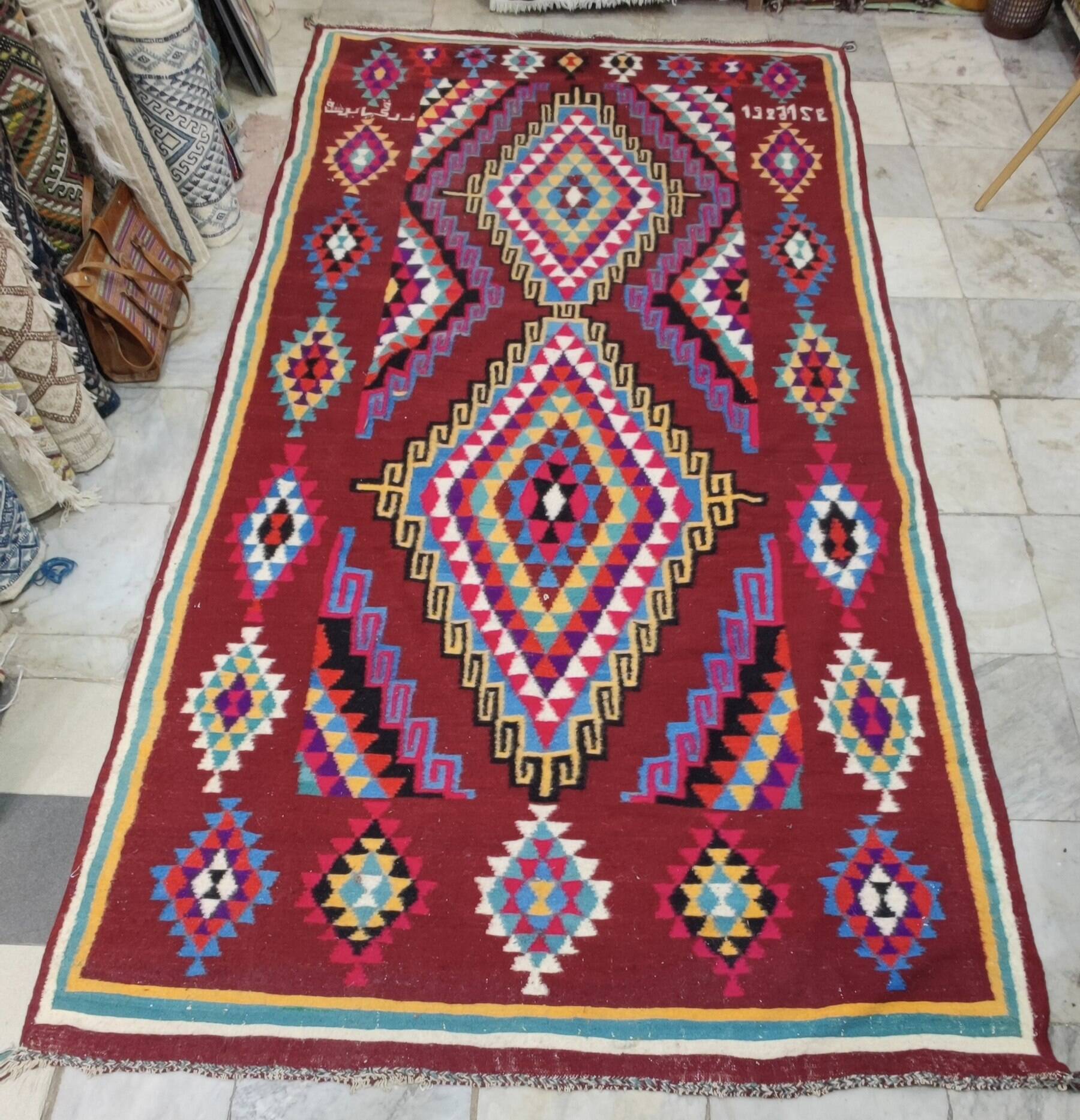 Double-sided Berber kilim rug hand-woven in natural wool