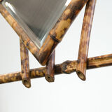 Porte-manteau ancien français en bambou, avec miroir et porte-parapluie.