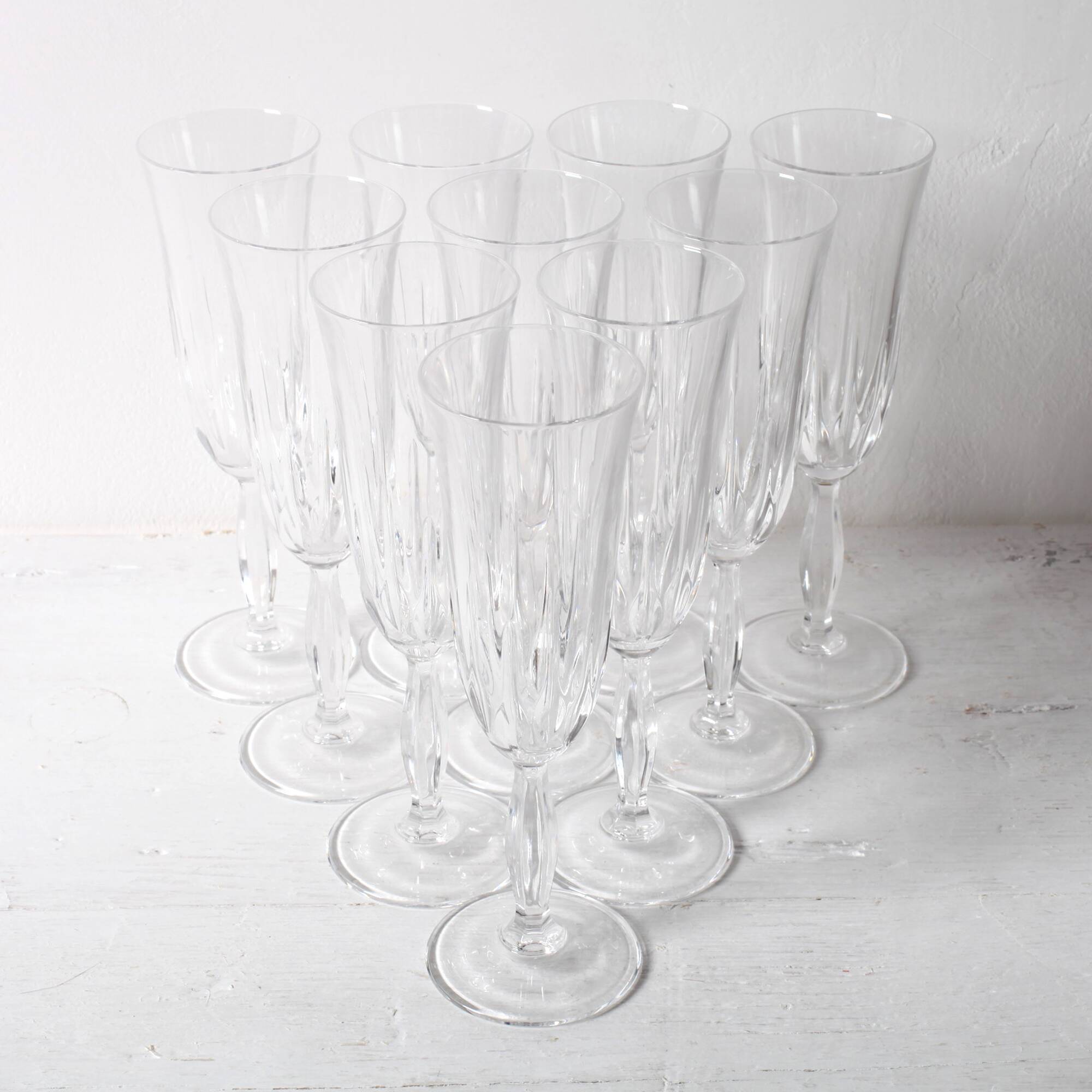 Set of 10 Vintage Crystal Champagne Flutes, Clear Italian Stemware