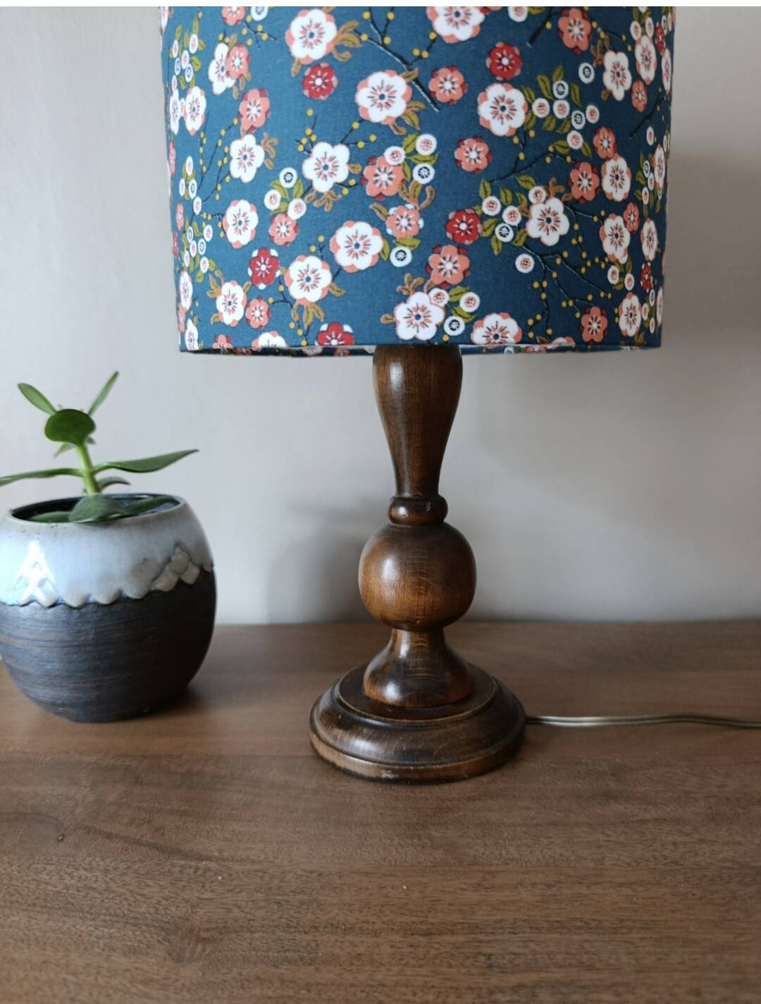 rustic chic wooden lamp, blue floral lampshade