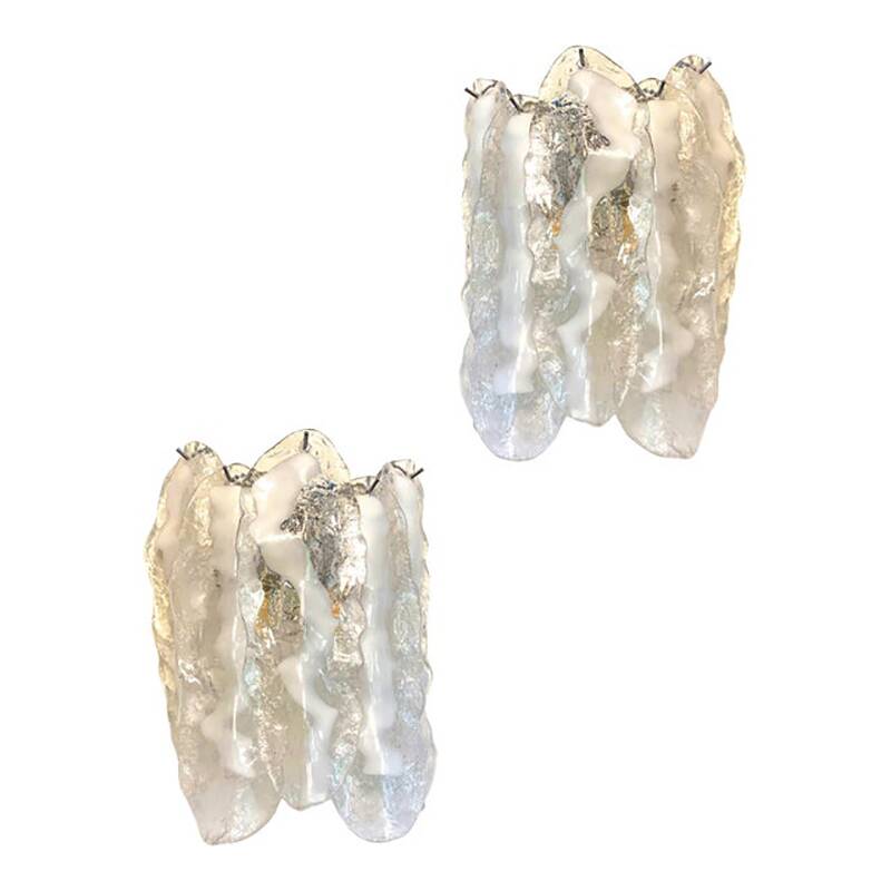 Set of Two Transparent and White “Fiamma” Murano Glass Wall Sconces