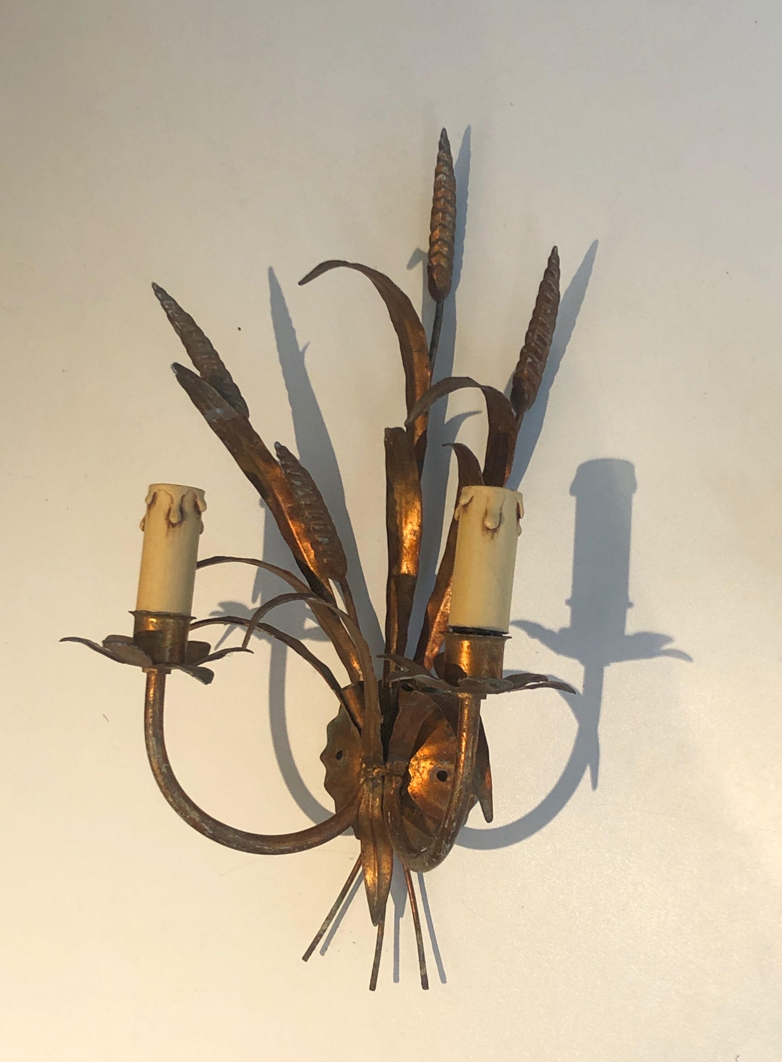 Pair of Coco Channel Style Wall Lamps in Golden Metal with Wheat Epis. French work. Around 1970