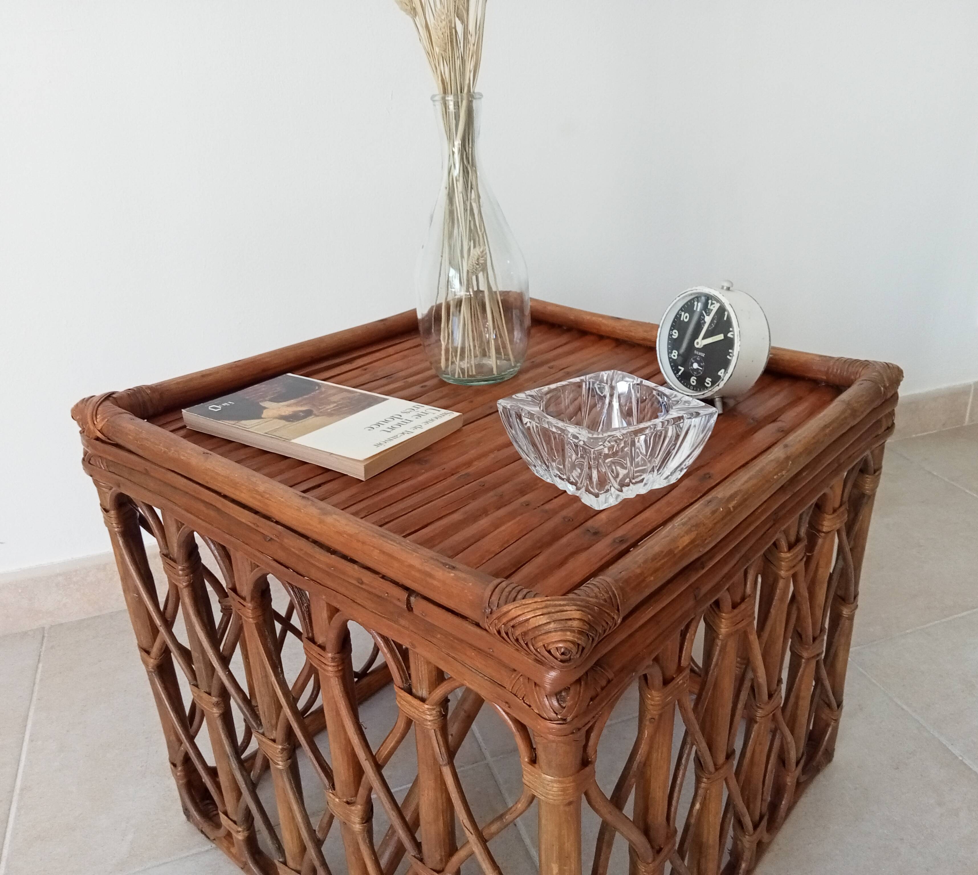 Table basse vintage en bambou et rotin années 60/70