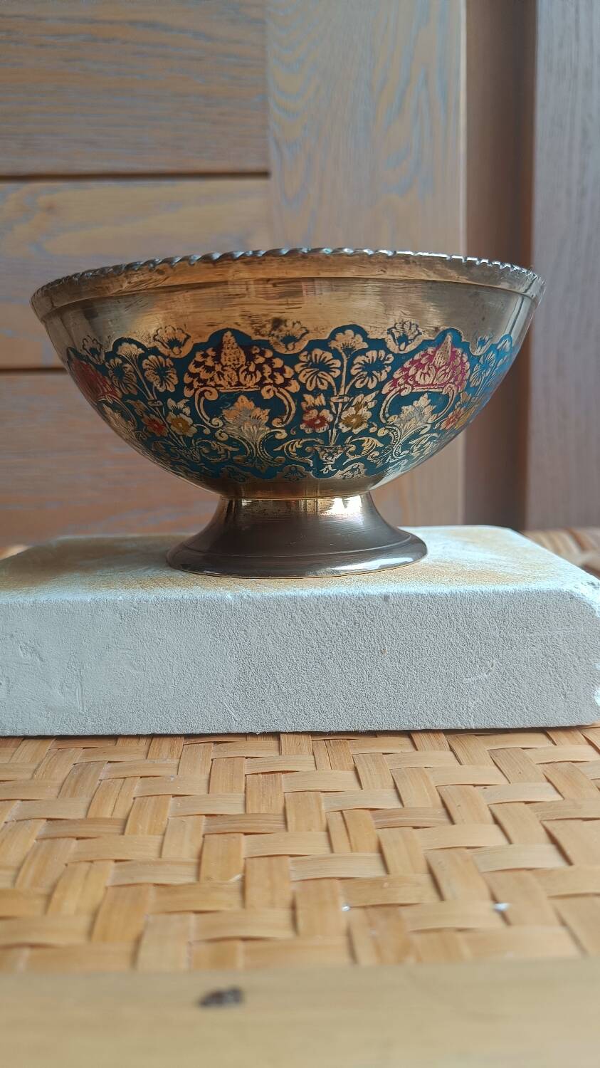 Brass footed bowl with coloured patterns