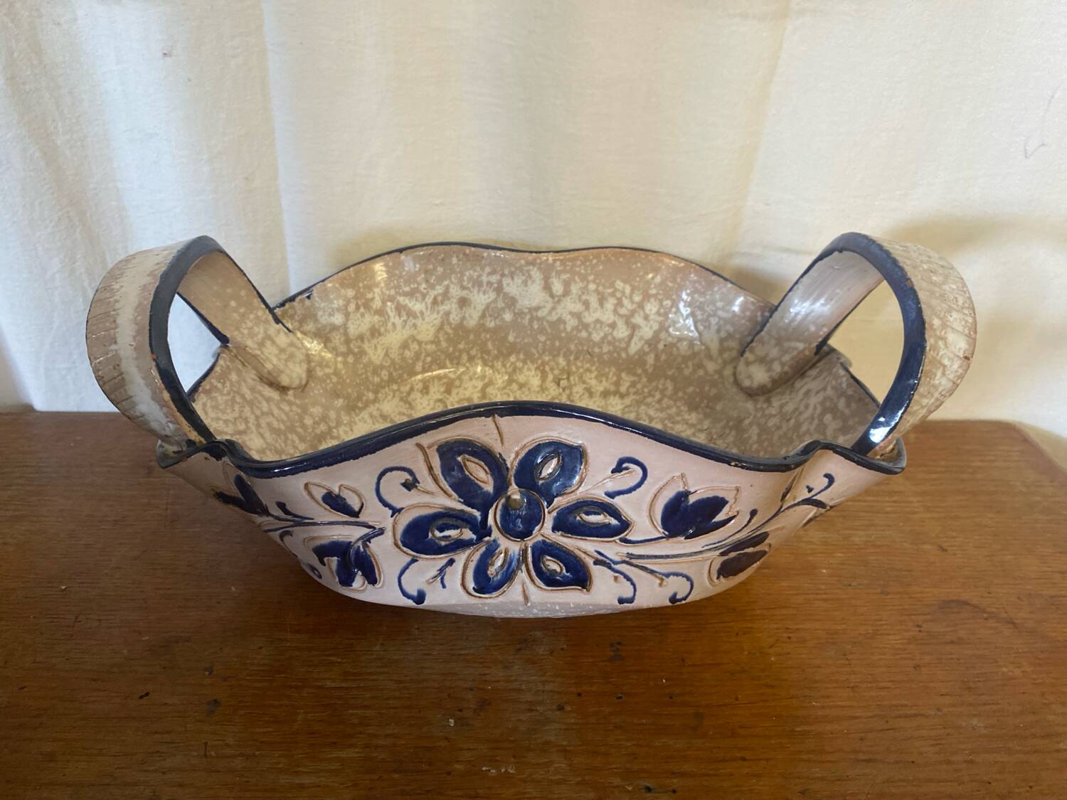 Vintage Ceramic Salad Bowl with Blue Floral Decor, Made in Italy