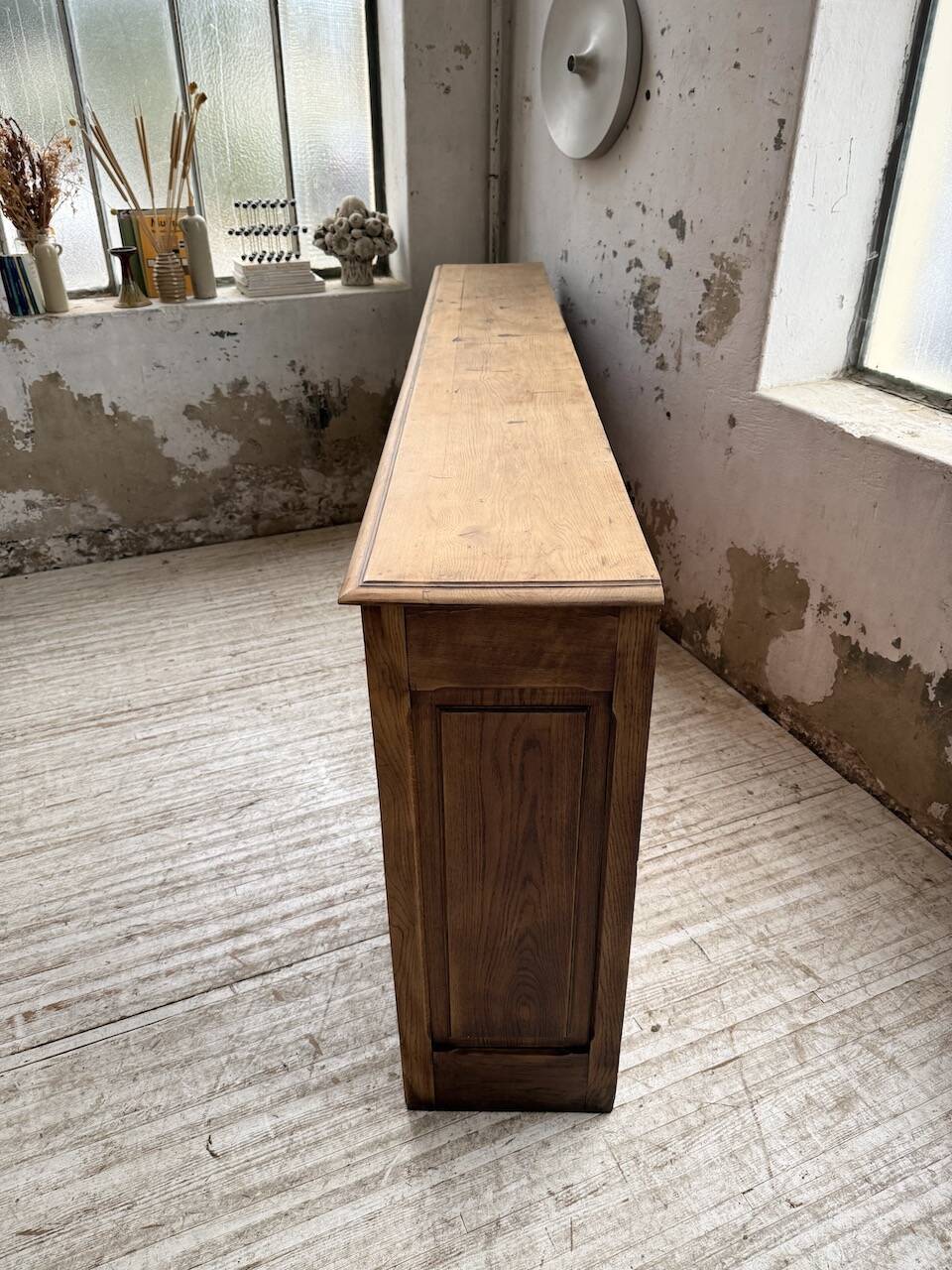 XL oak workshop sideboard with sliding doors from 1900