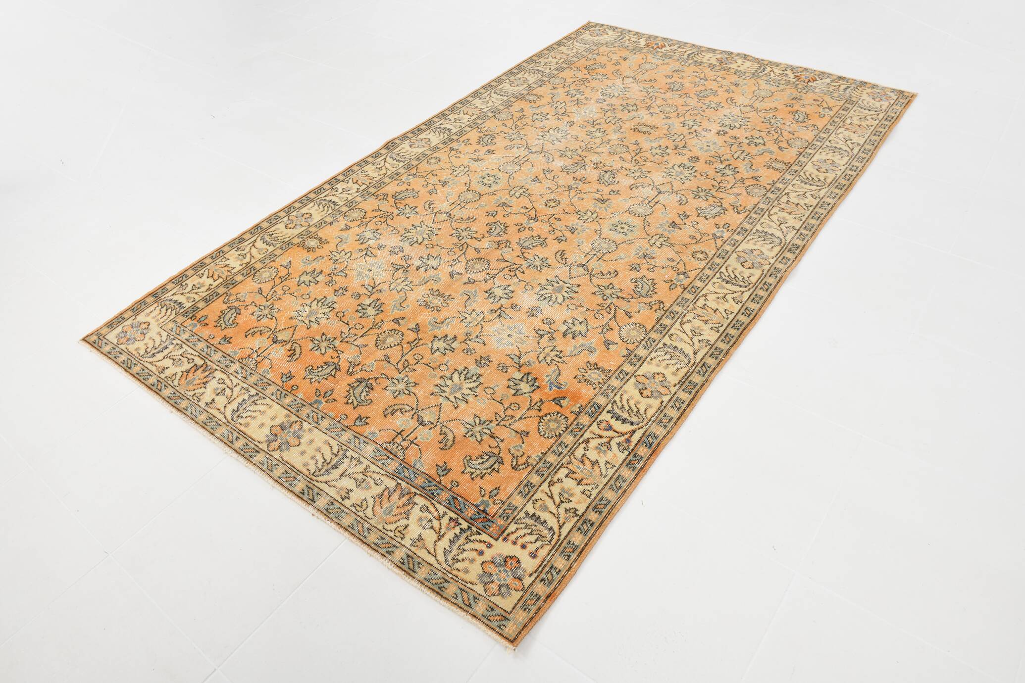 6x9 Orange & Black Floral Pattern Bordered Style Vintage Rug, 160x271Cm