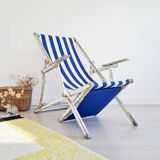 Chaise longue - Transat ancien en tissu rayé bleu et blanc