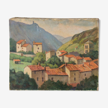 Oil on canvas of a village in early 1900