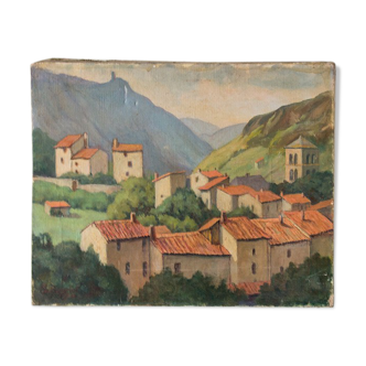 Oil on canvas of a village in early 1900