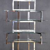 Articulated presentation shelf in chrome and glass. Italy 1970s