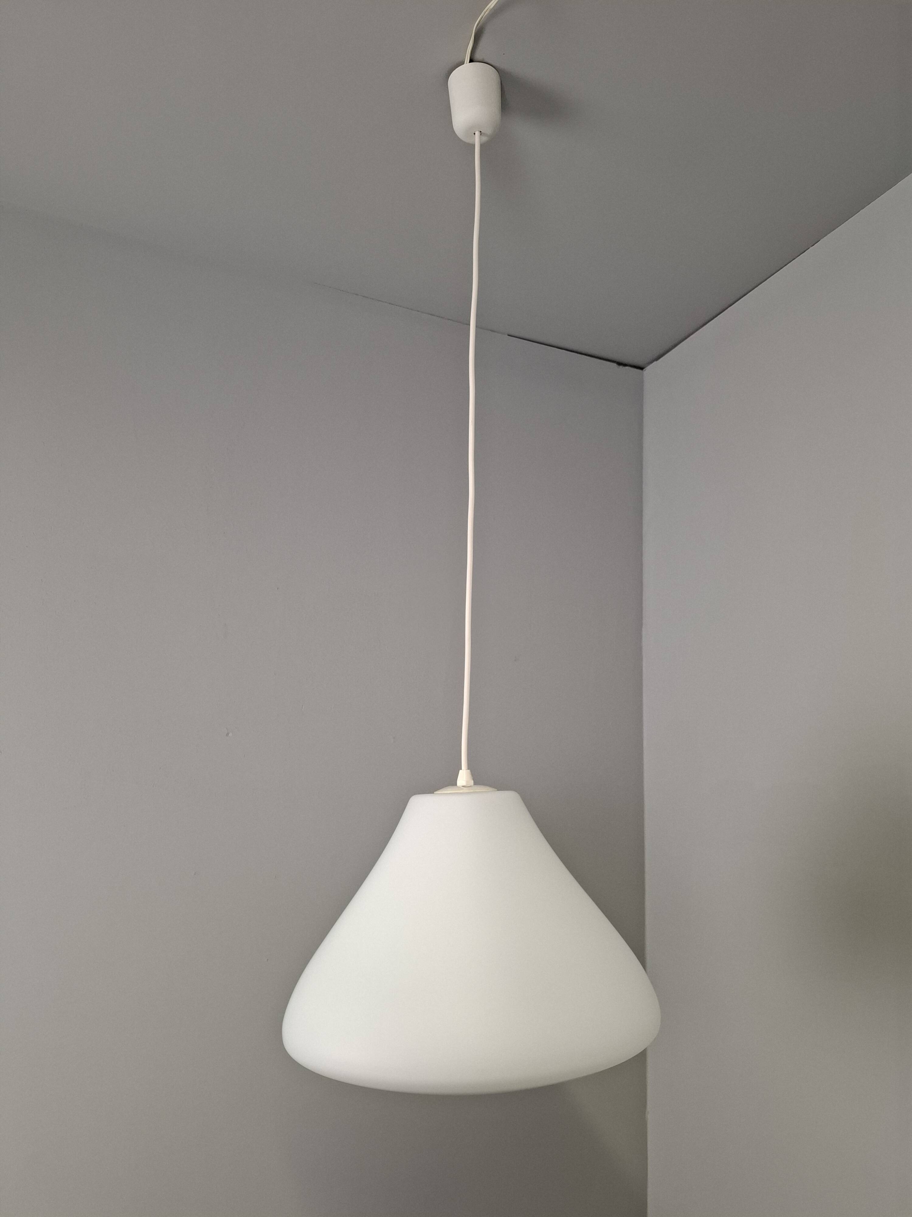 Czechoslovak Midcentury Modern Pendant Light in Opaline Glass and Plastic,