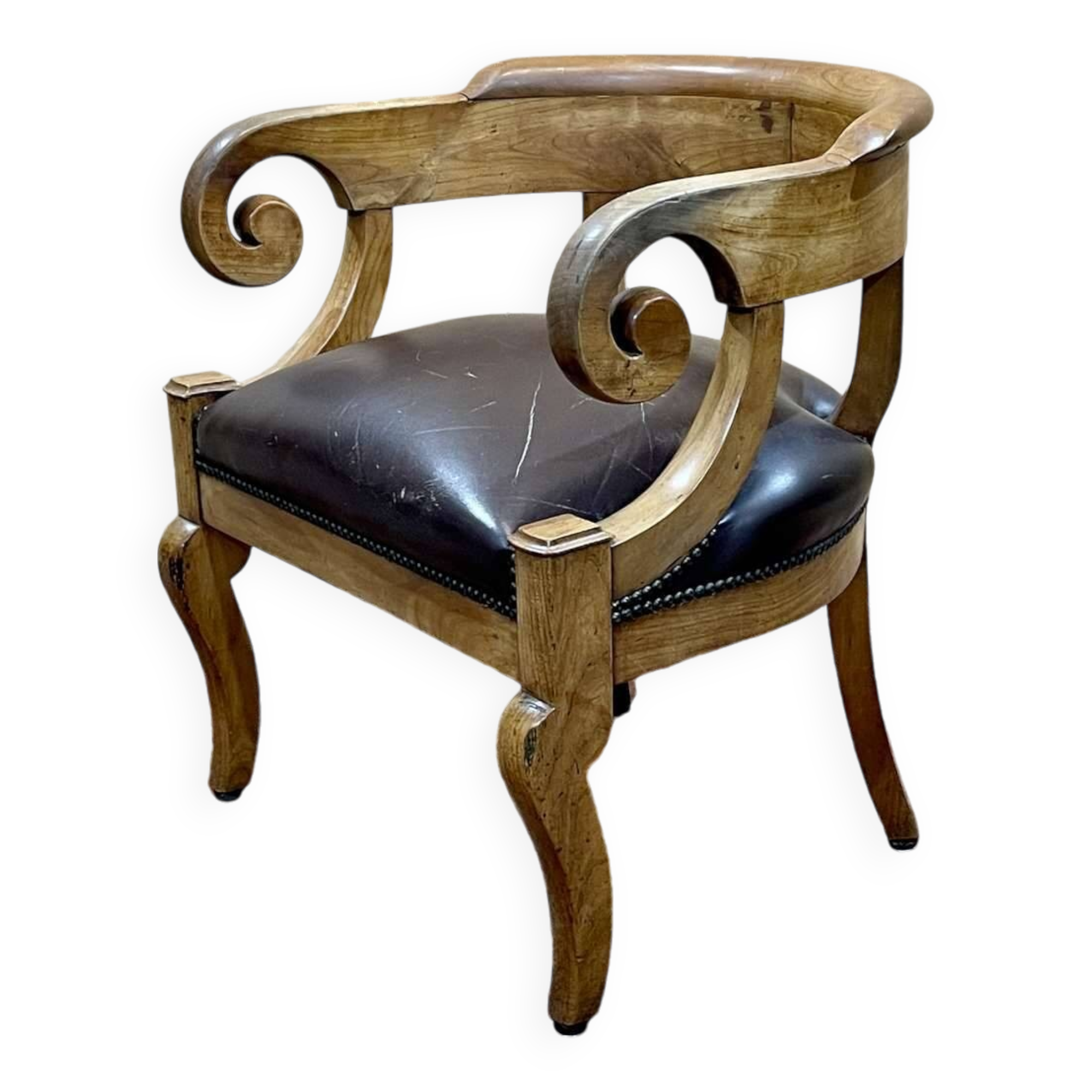 19th century French armchair in cherry wood and leather seat