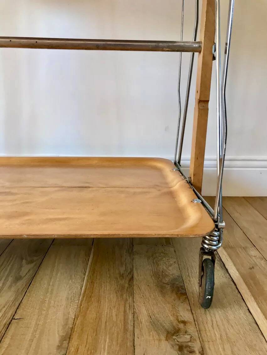 Metal trolley in beech wood and metal upright from the 60s