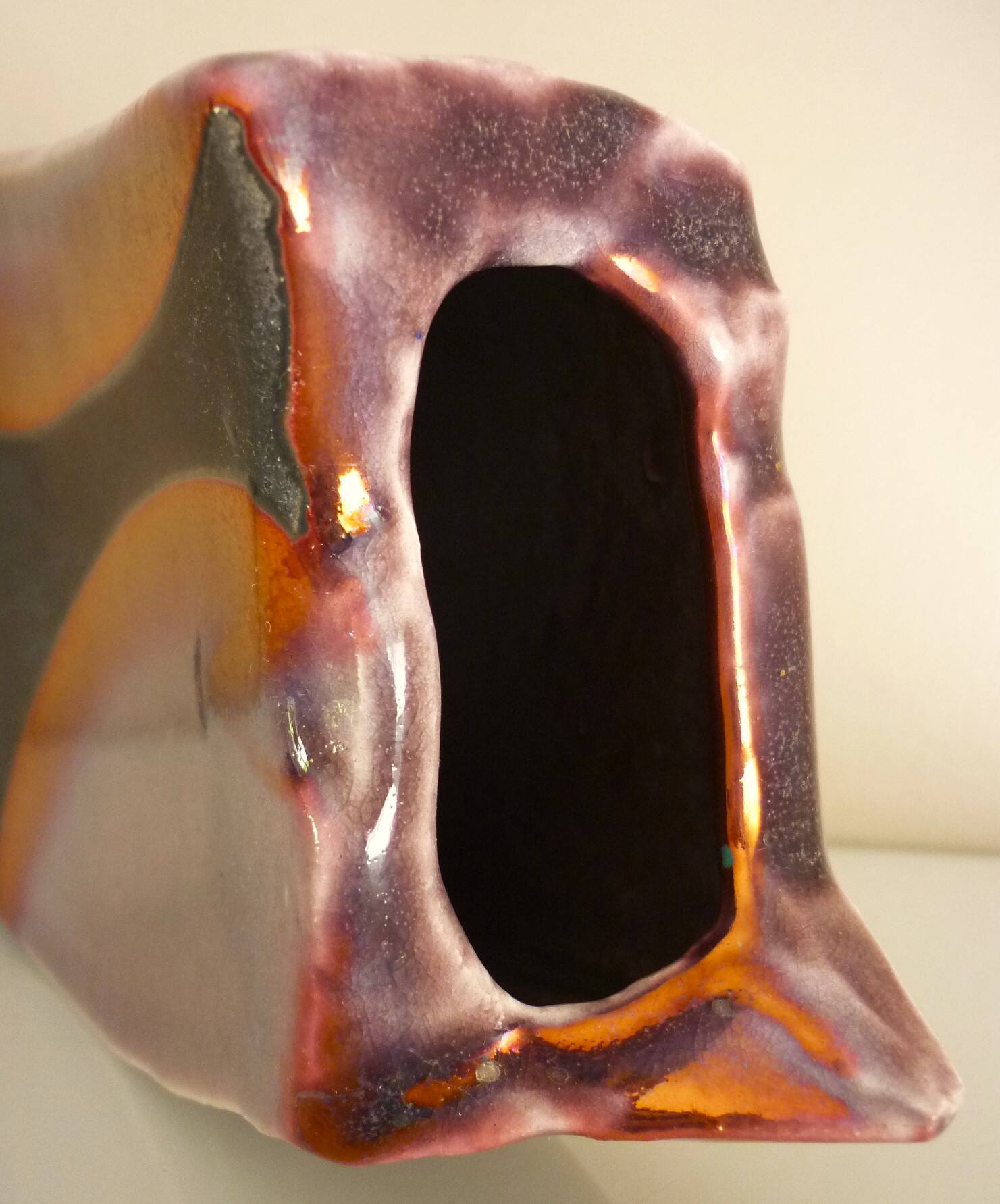 Raku ceramic vase, brutalist, gilded, design by Tony Evans