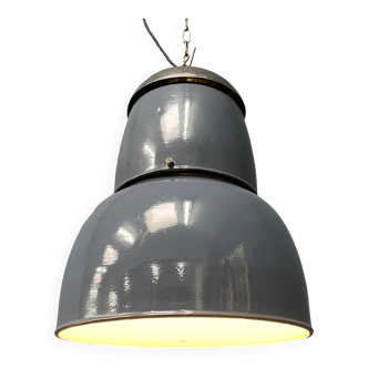 Grande lampe à suspension industrielle ancienne en émail bleu-gris