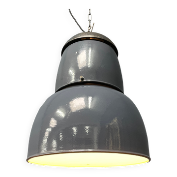 Grande lampe à suspension industrielle ancienne en émail bleu-gris