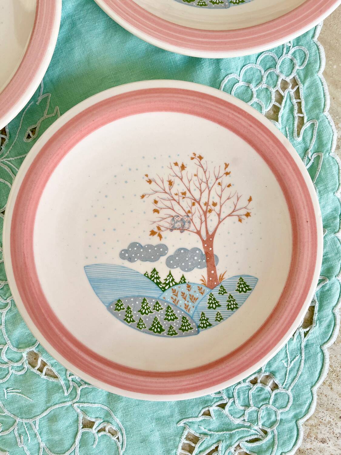 4 vintage powder pink dessert plates