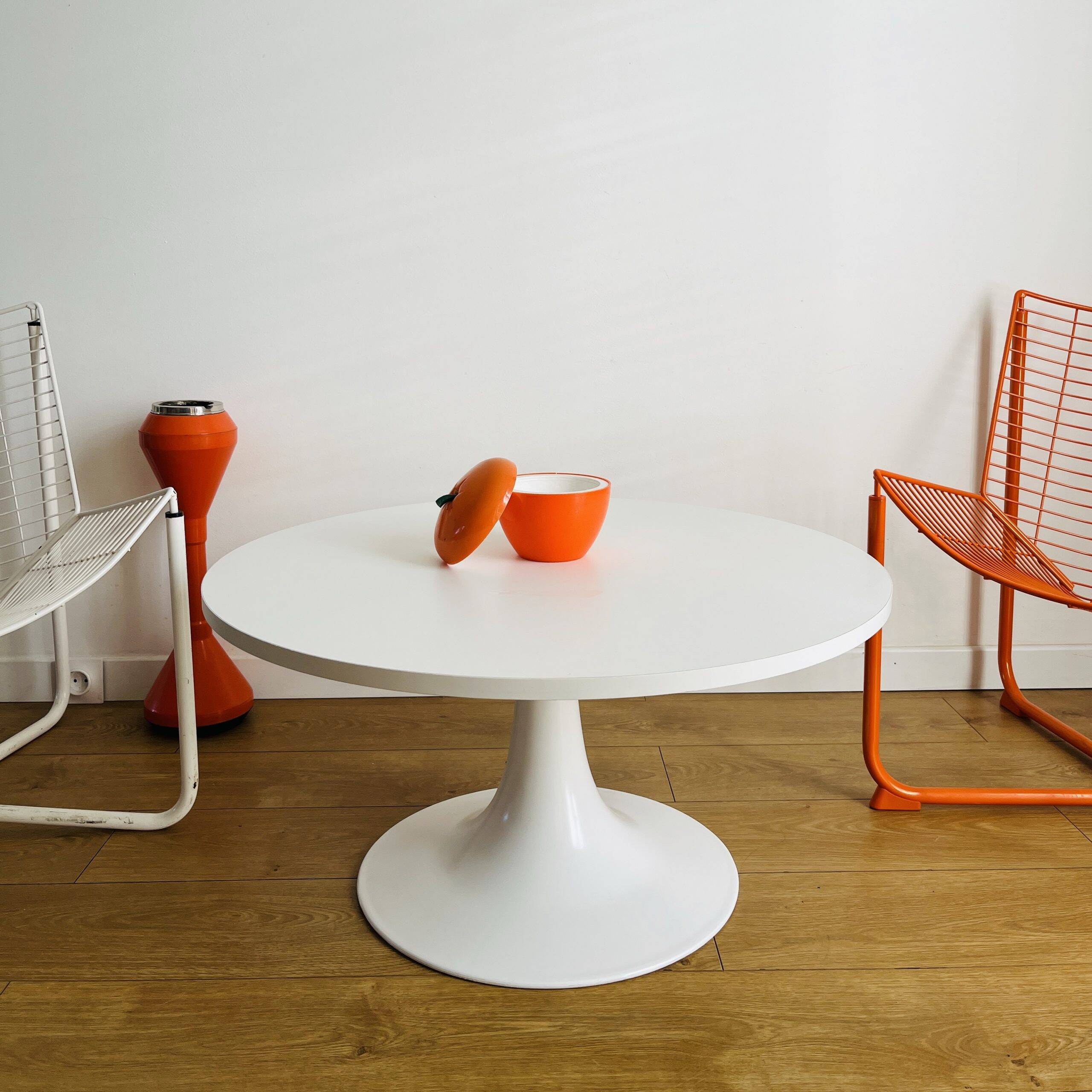 White tulip foot coffee table made in France by grofillex circa 1960