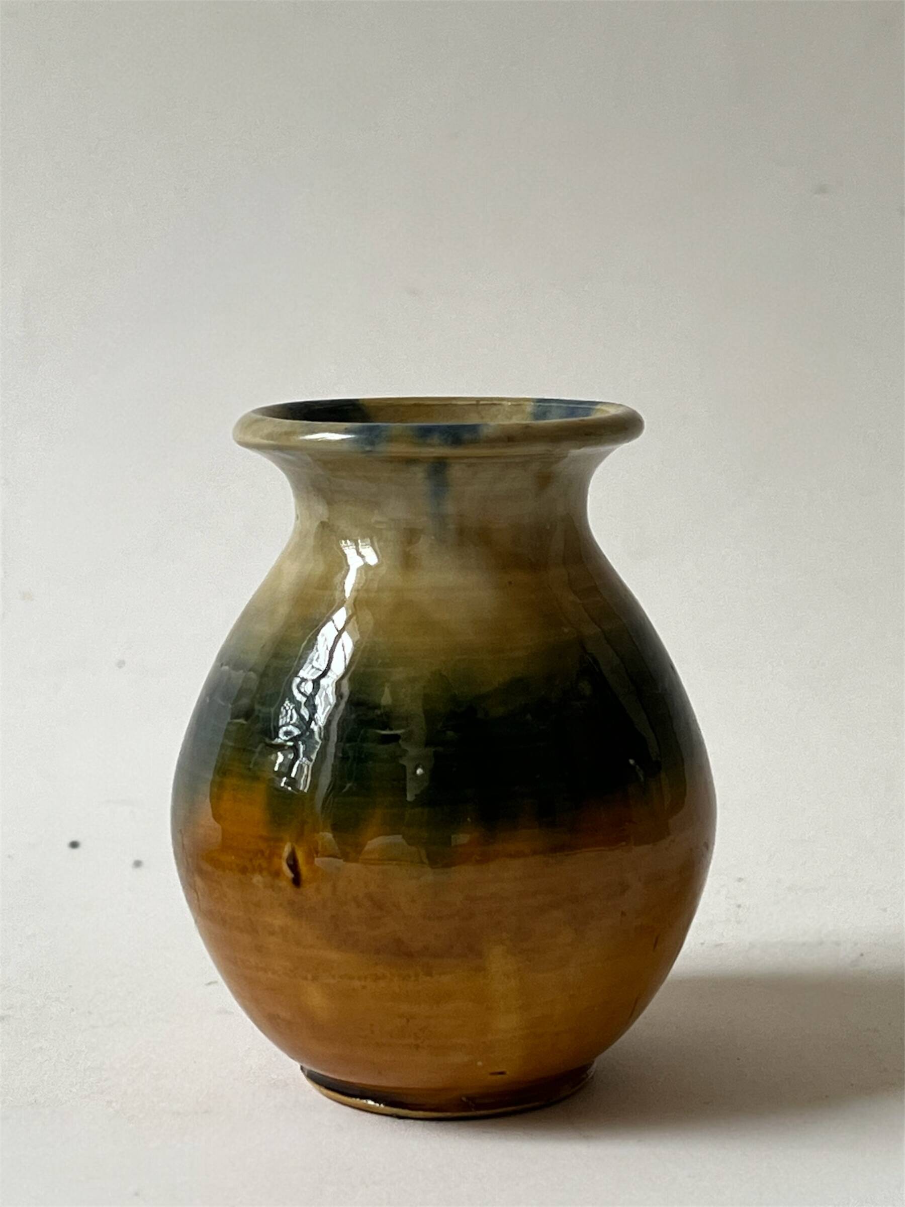Glazed ceramic vase in honey/ochre/green, France circa 1950.