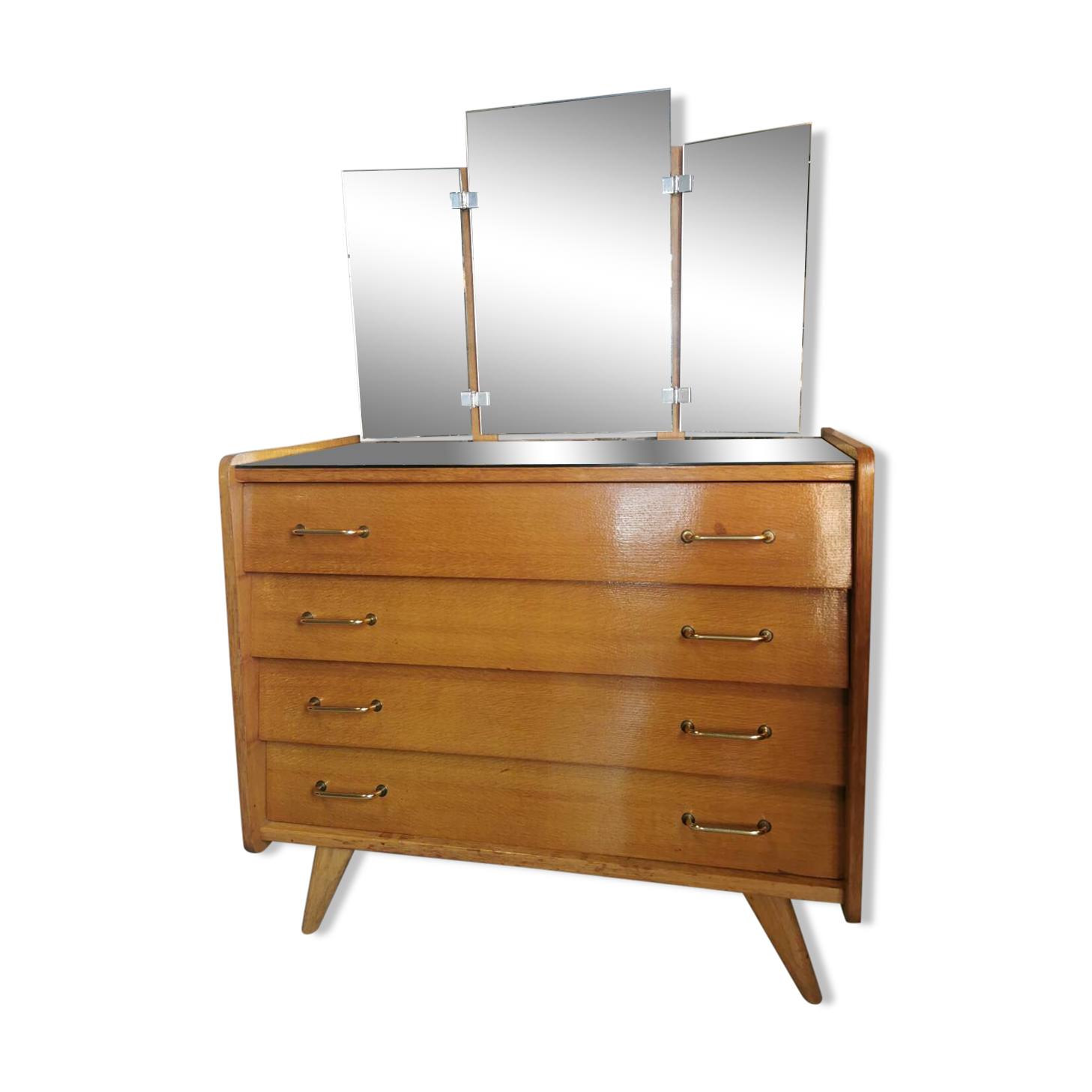 Vintage chest of drawers with compass legs and triptych mirror