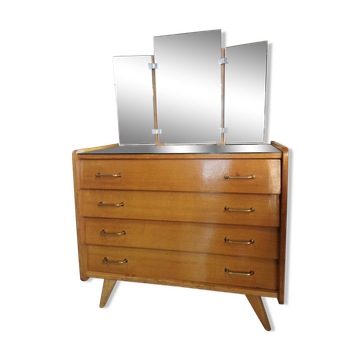Vintage chest of drawers with compass legs and triptych mirror