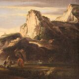 Antique landscape painting with men-at-arms from the 17th century