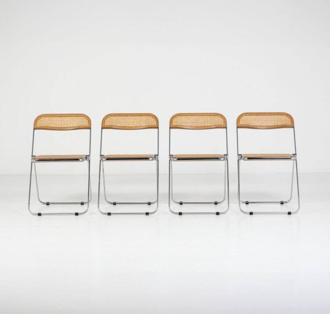 Vintage Plia Folding Chair in Vienna Straw by Giancarlo Piretti for Anonima Castelli, 1970s, Set of 5