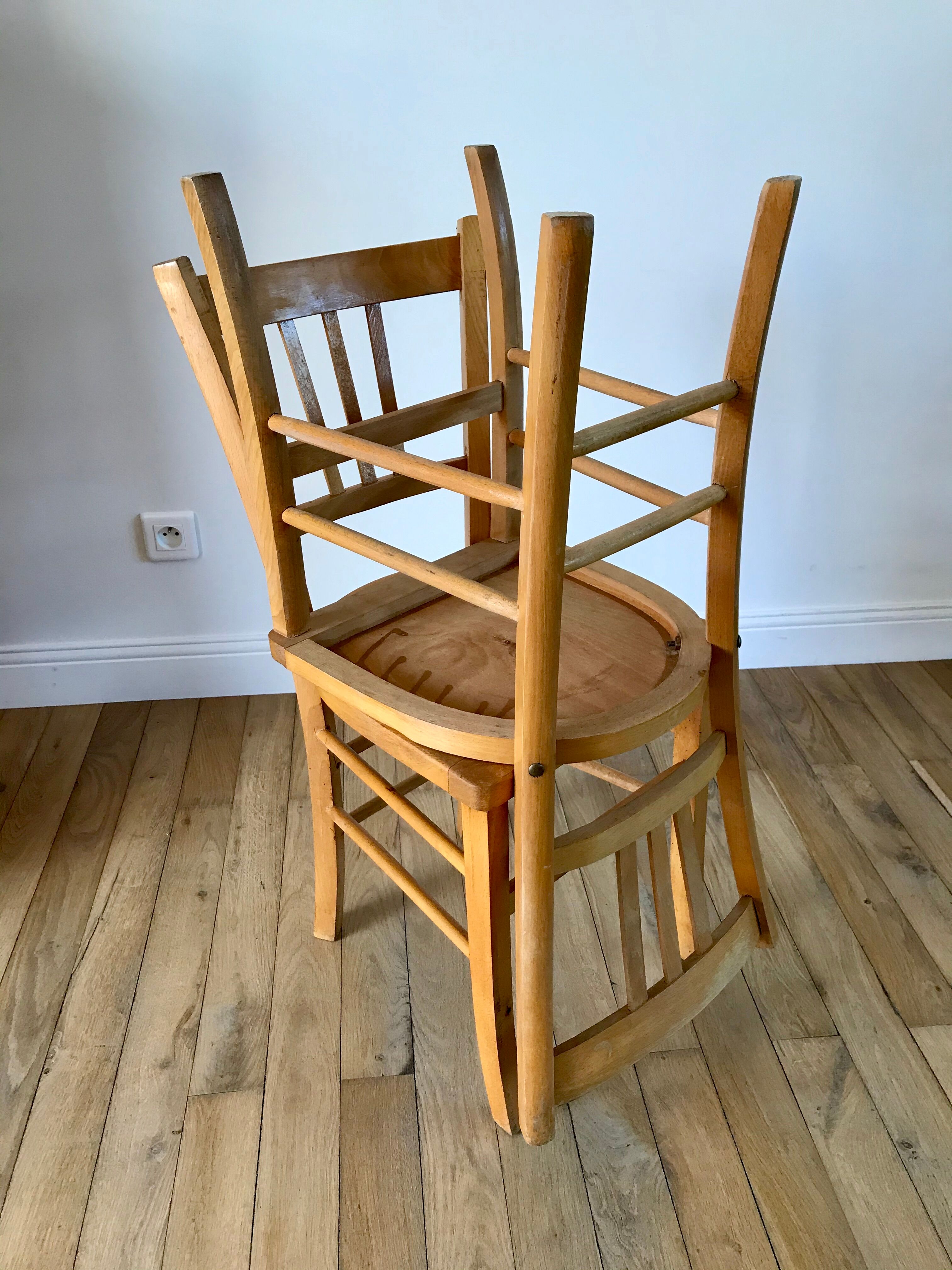 Set of 5 Luterma light blond wood bistro chairs from the 50s
