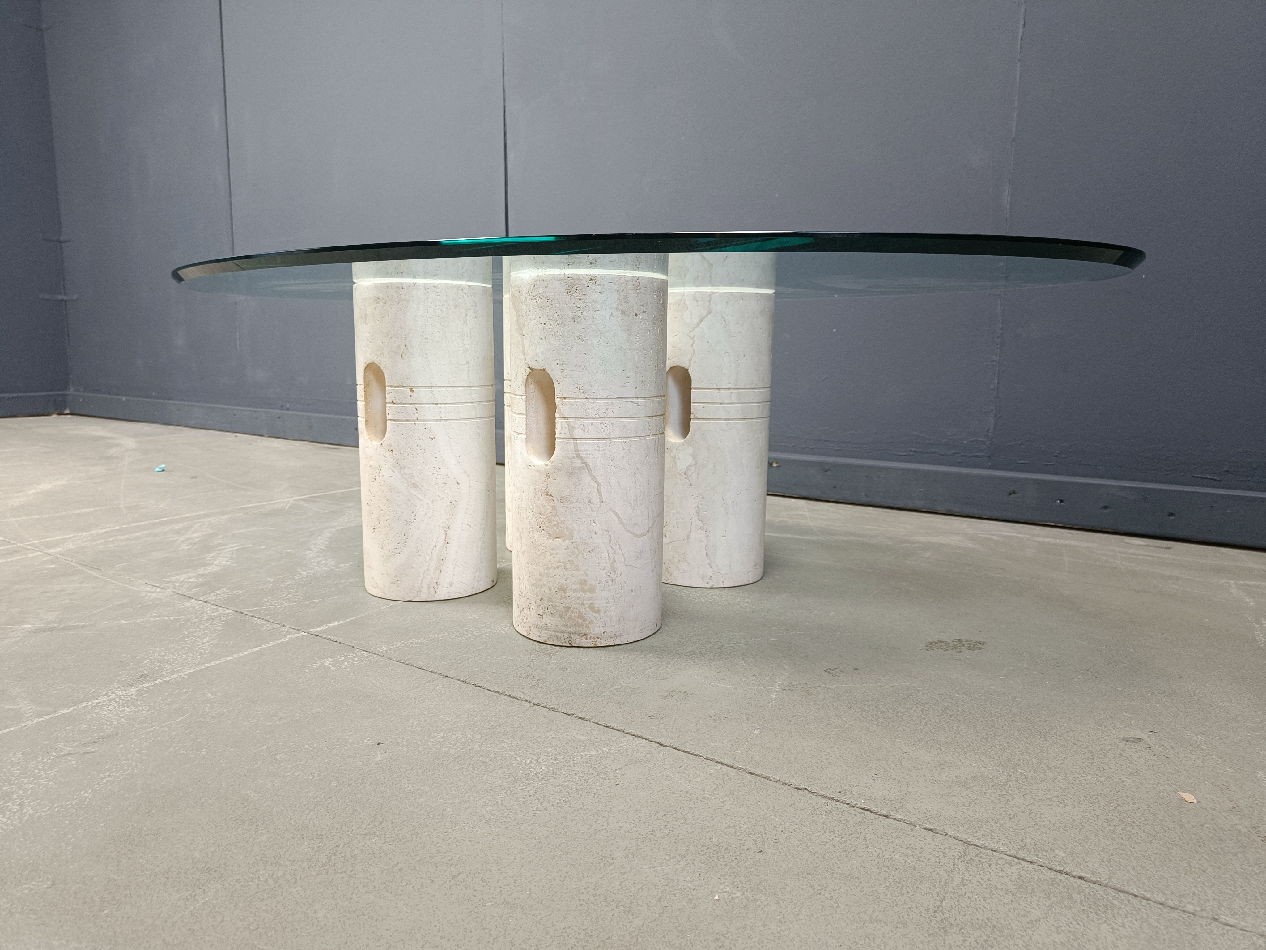 Vintage travertine and glass coffee table, 1970s