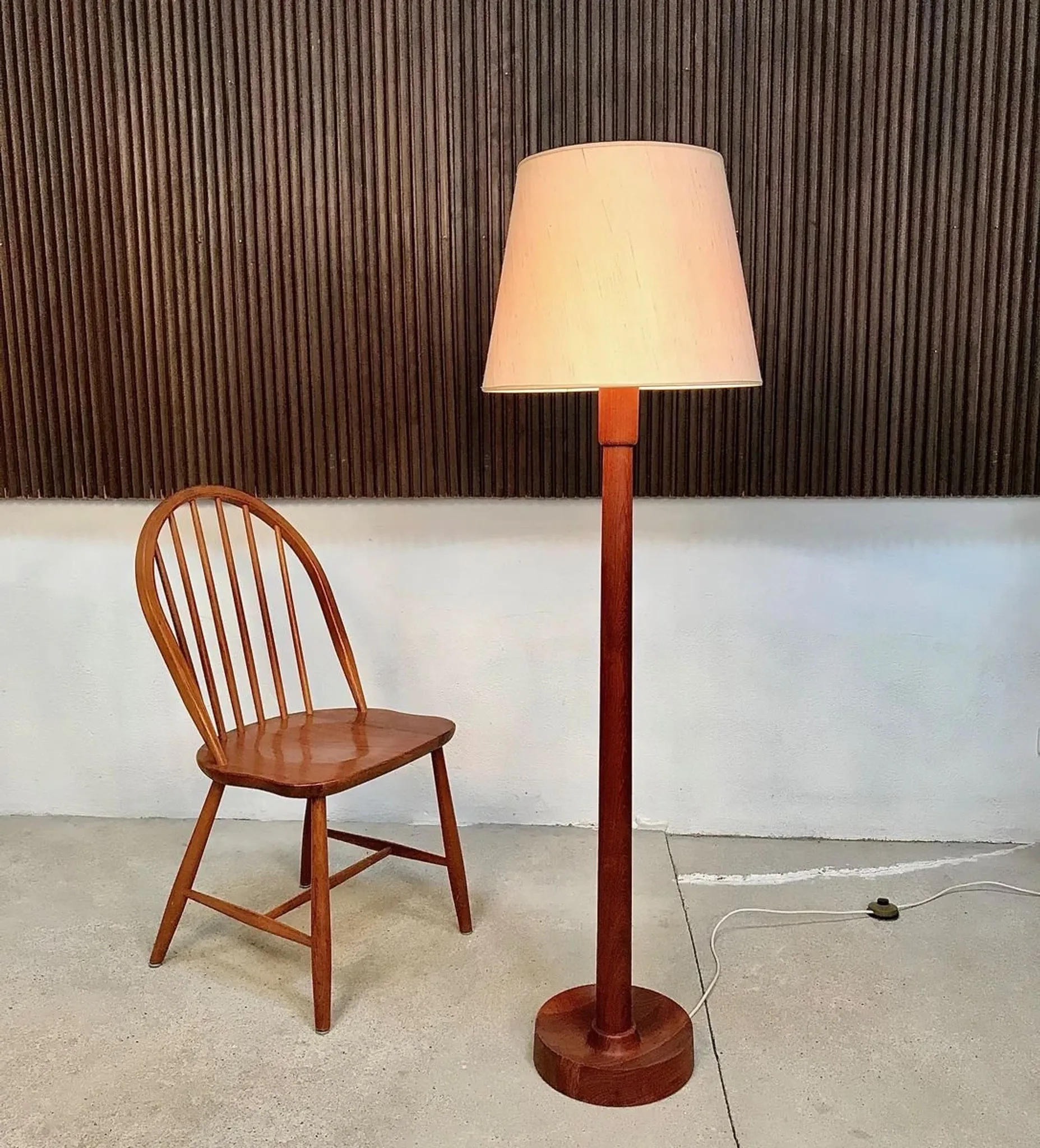 Teak Floor Lamp with Lampshade in Wild Silk, Denmark 1960s