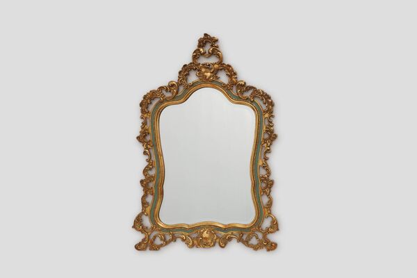 Miroir baroque belge doré de style Louis XV avec étiquette « Knitter-Duro Brevete »