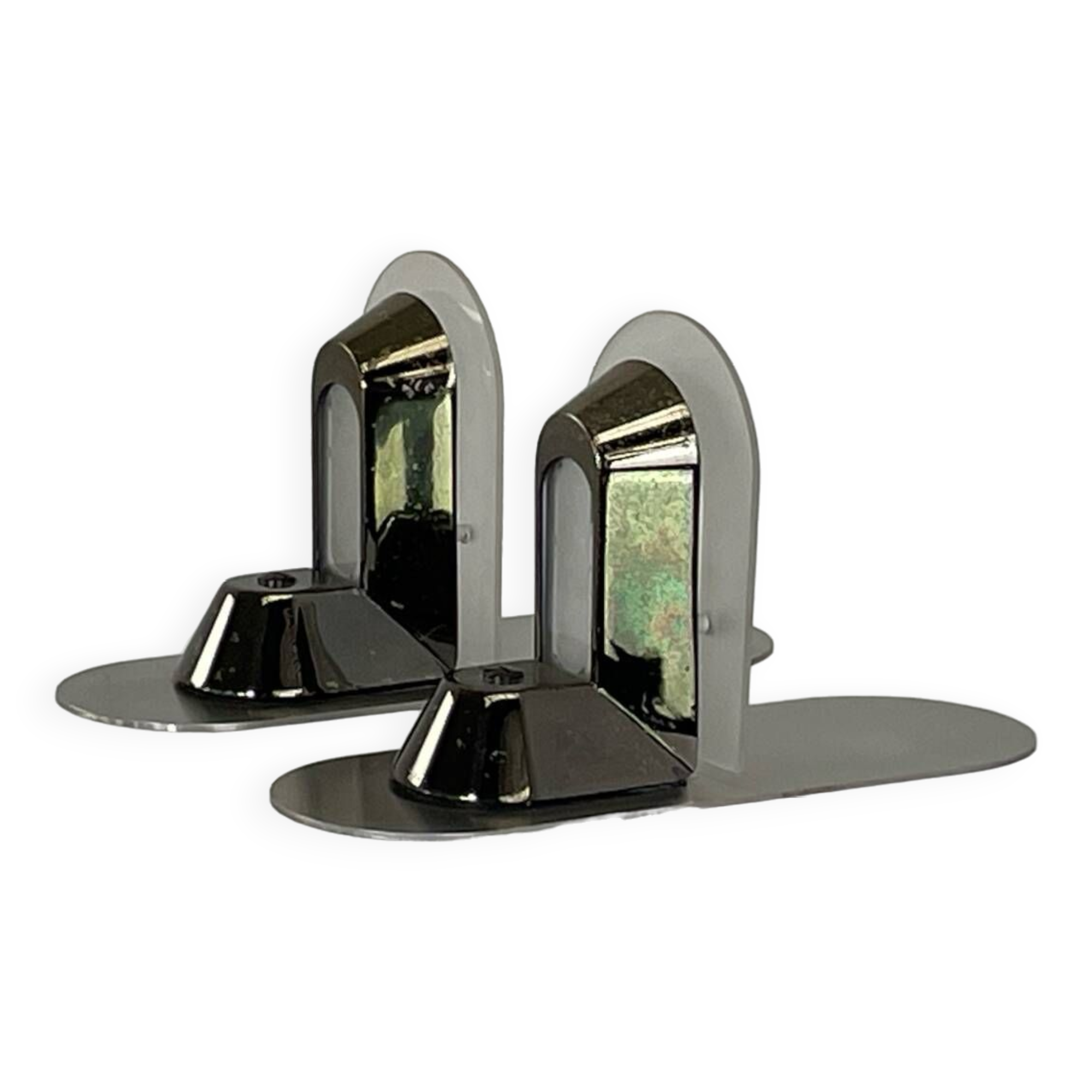 Pair of vintage stainless steel and glass wall lights