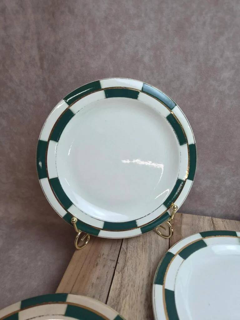 Set of 10 dessert plates Salins – Opaceline Jamier Green – vintage checkered