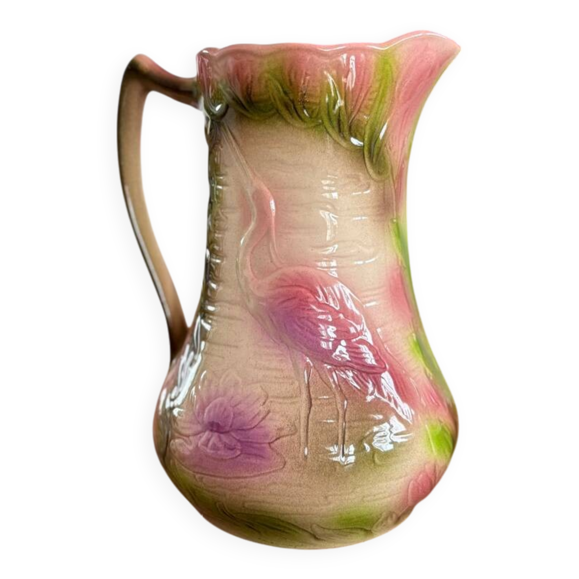 Heron and lily pitcher, St Clément factory, 1920s - vintage water carafe