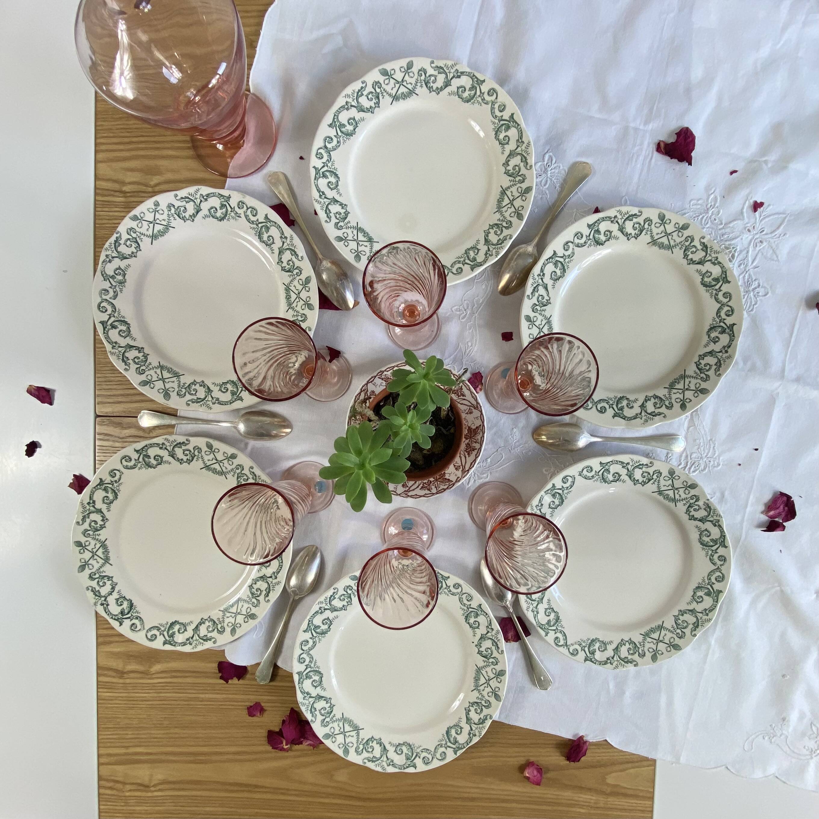 6 Longchamp ironstone dessert plates, Treviso pattern, green earthenware