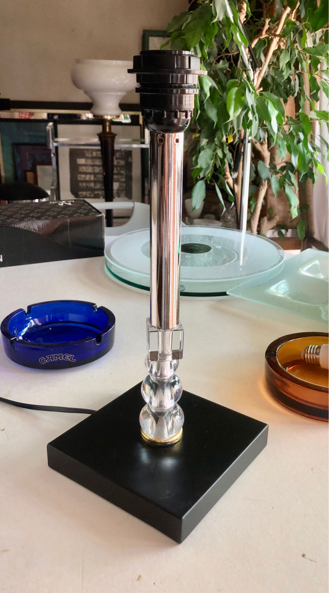 Silver-plated metal lamp base with crystal.