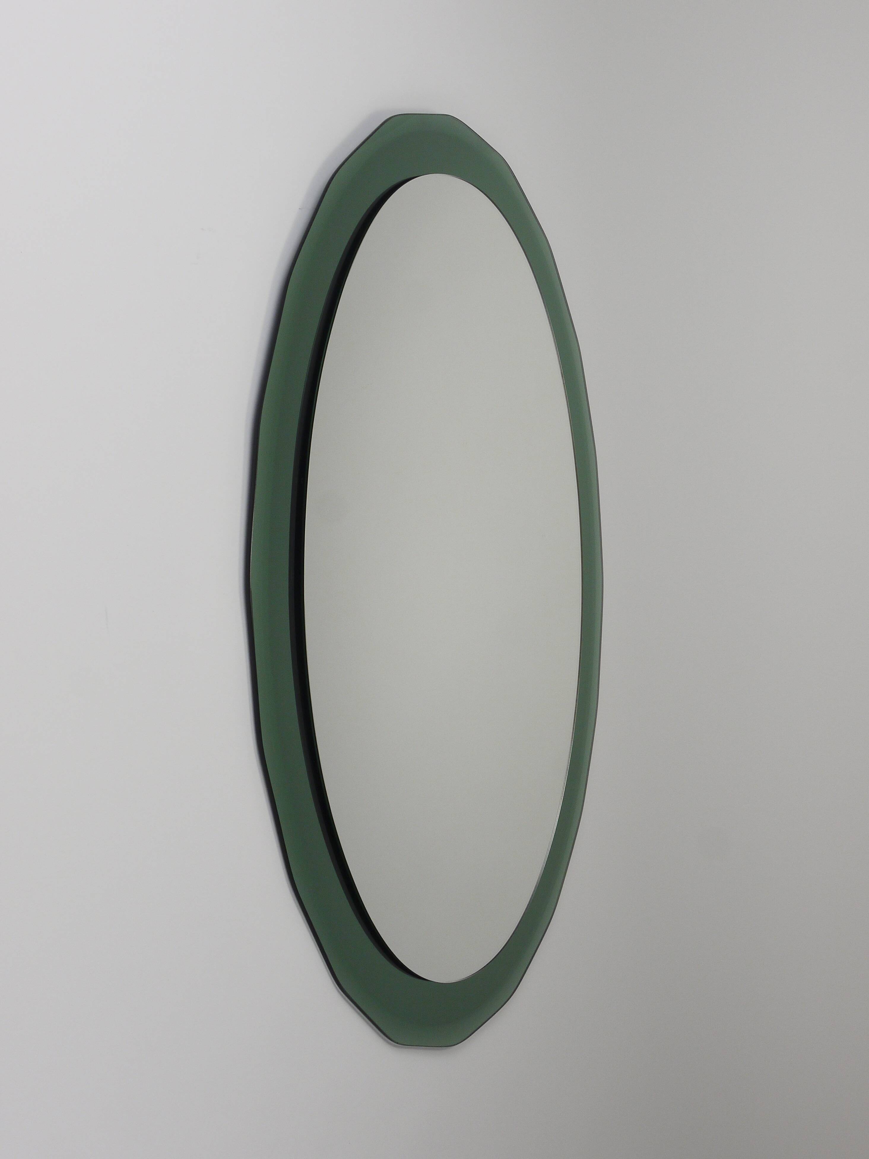 Cristal Arte Oval Green Grey Mid-Century Scalloped Wall Mirror, Italy, 1960