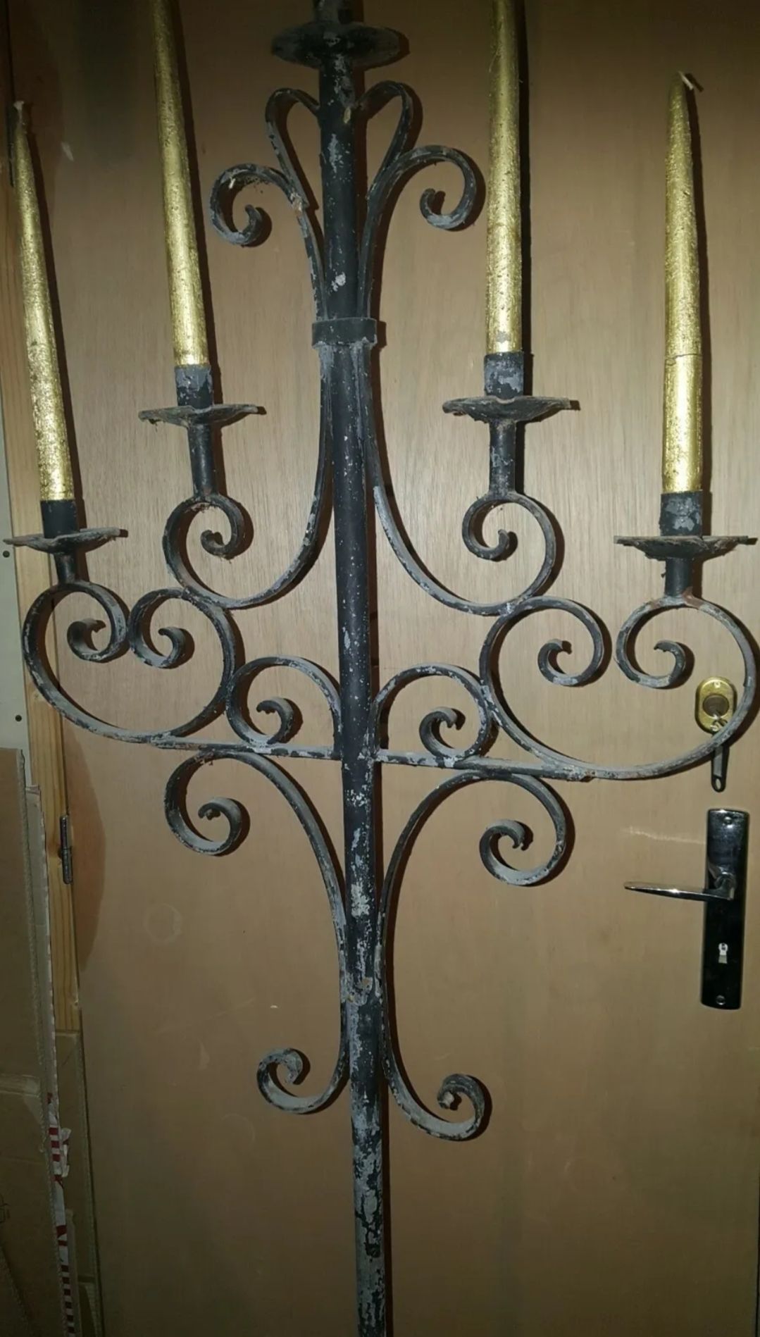 Old church floor lamp chandelier 5 fires torcher wrought iron early 20th century