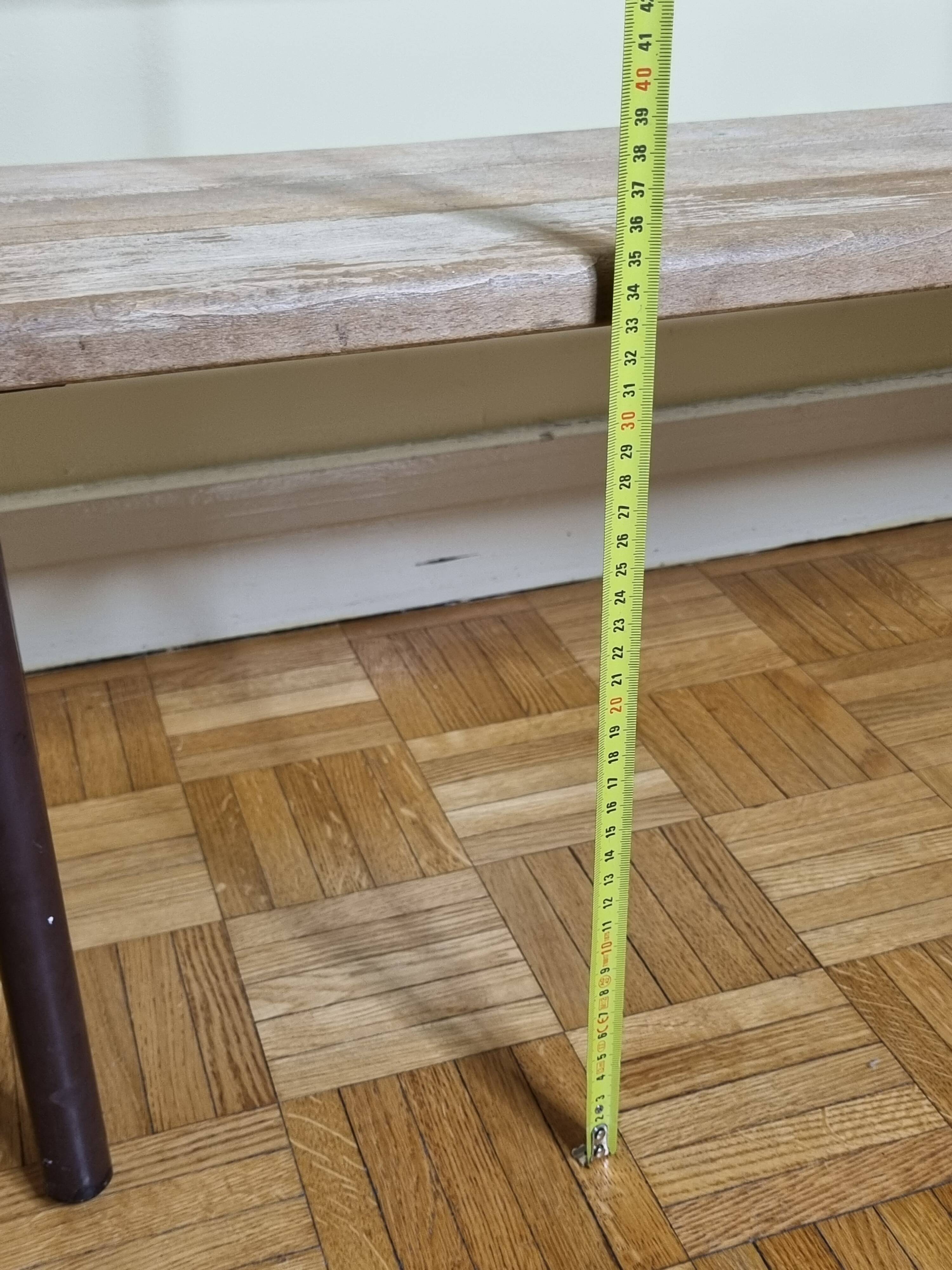 Vintage wooden and metal kindergarten bench, 2 m