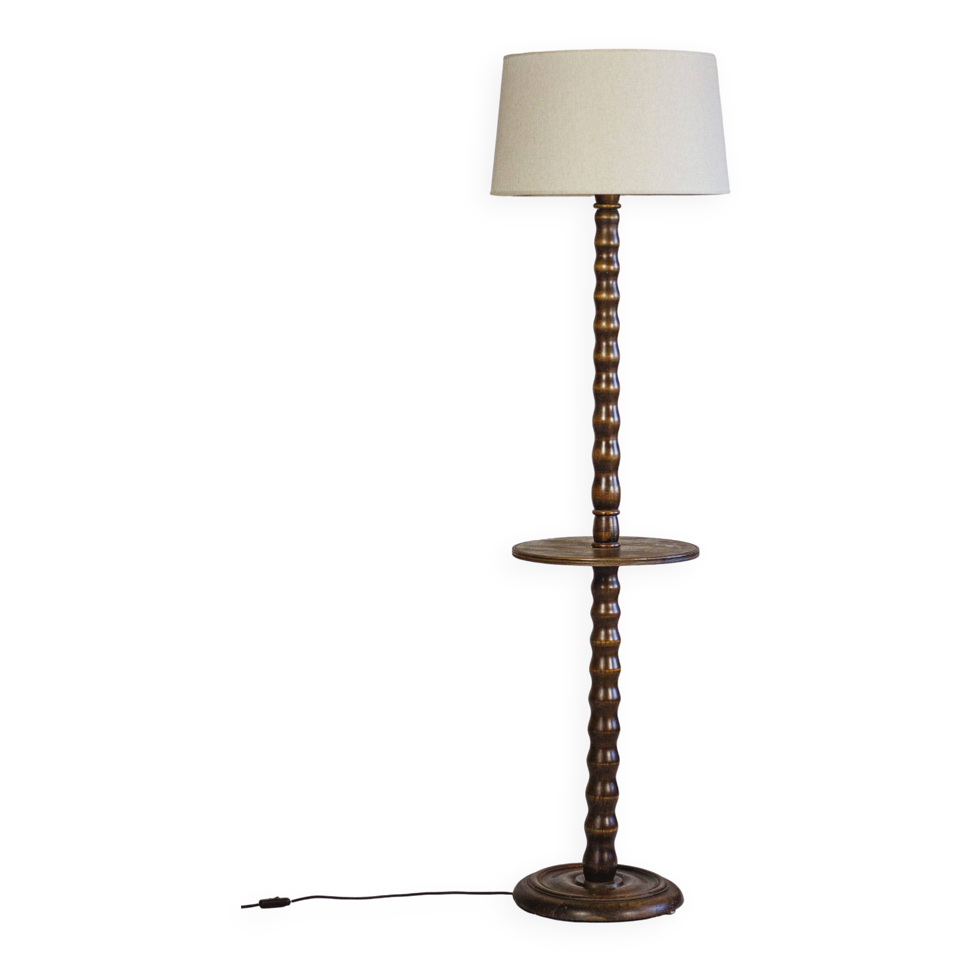 Neo-rustic floor lamp in turned wood, 1950