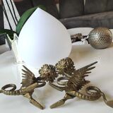 Pair of bougeoirs antiques dragons winged / chimeras / phoenix, style napoleon iii, 19th. in gilded bronze