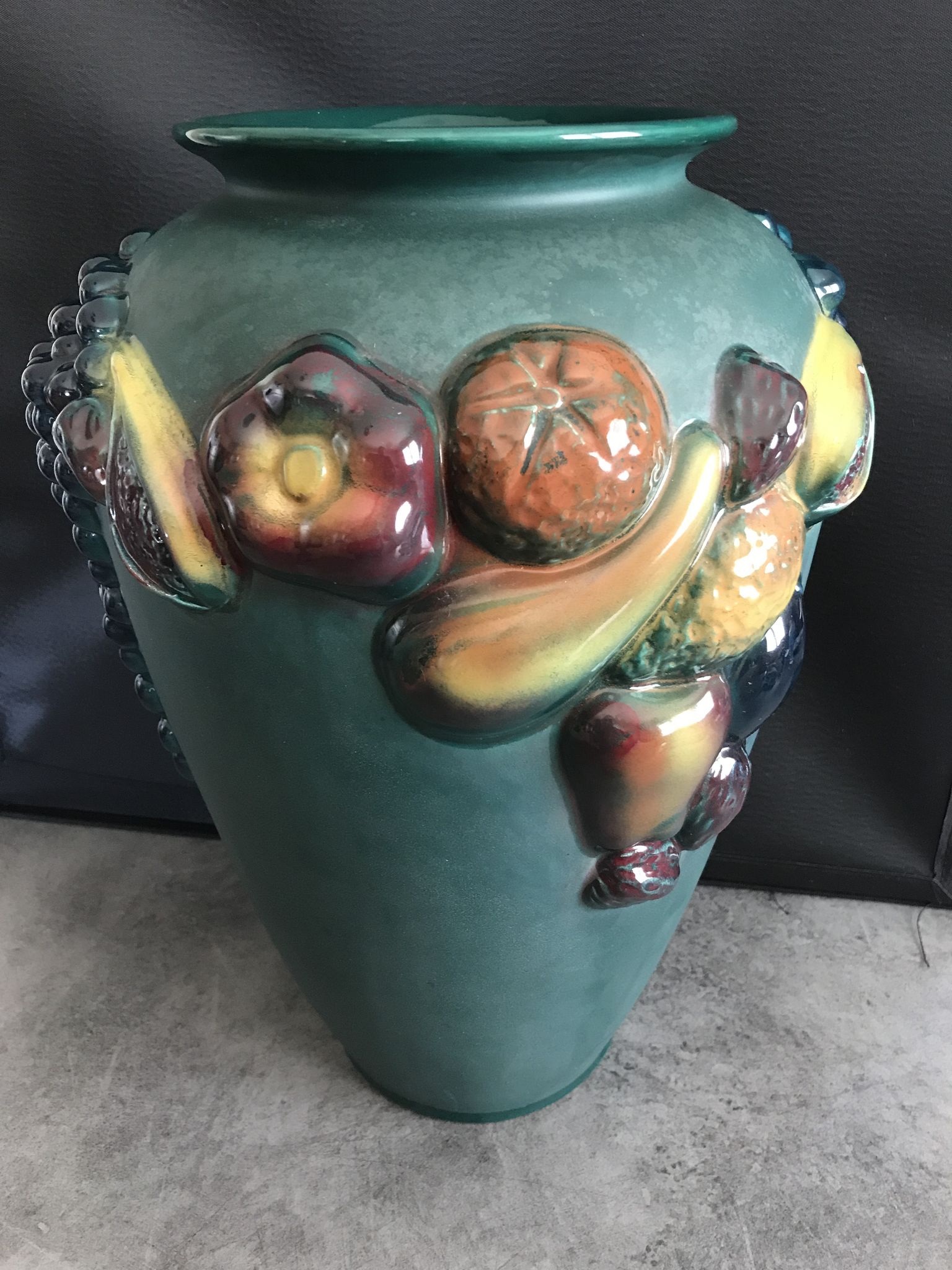 Green ceramic vase with polychrome decoration of fruits and vegetables in relief 33.5 cm