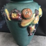 Green ceramic vase with polychrome decoration of fruits and vegetables in relief 33.5 cm
