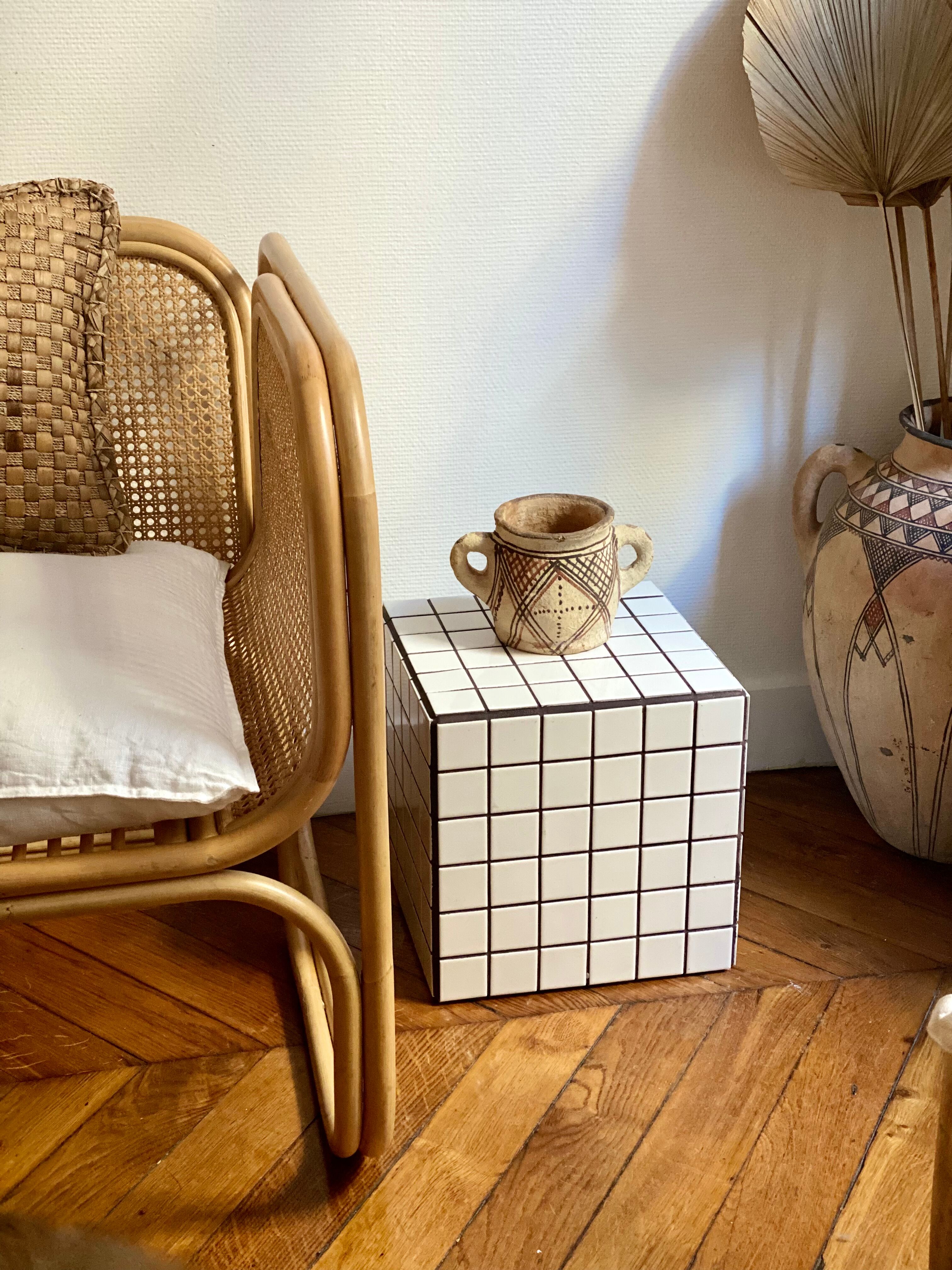 Side table cube gigi tile mosaic white joint black sofa end