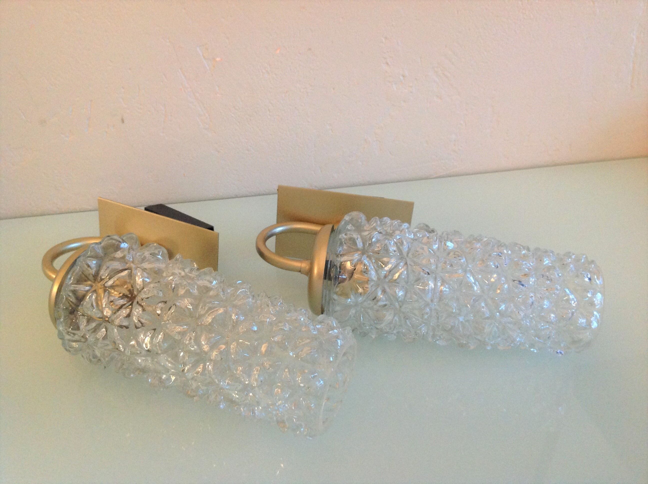 Pair of tulip glass and gold/vintage metal wall lamps 60/70