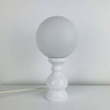 Turned wood lamp with opaline glass globe, 1970s